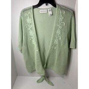 Alfred Dunner XL Knit Cardigan Tie Front Shrug Green Floral Embellished